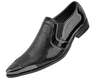 Amali Men's Reptile Patterned Exotic Patent Embossed Slip on Dress Shoe with Gun Metal Tip, Style Davis Black